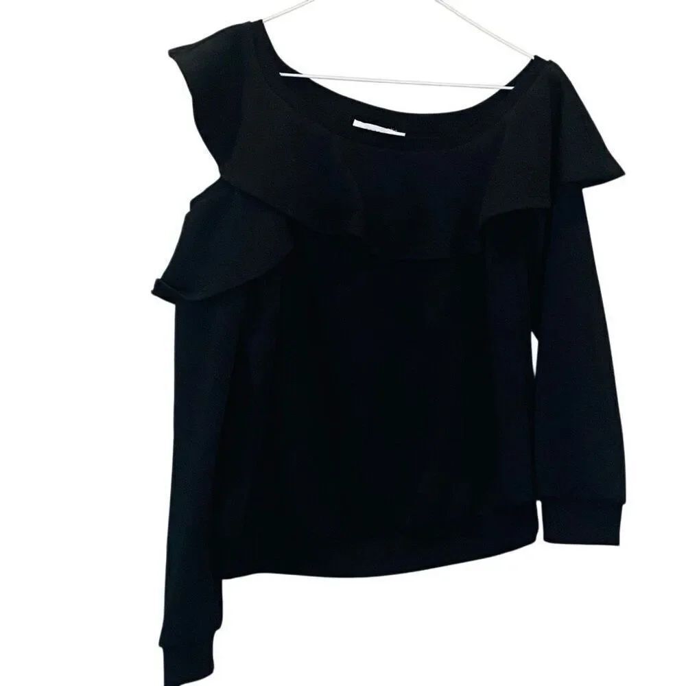 LUSH Long Sleeve Ribbed Cotton Blend One Shoulder Ruffle Sweatshirt Black XS